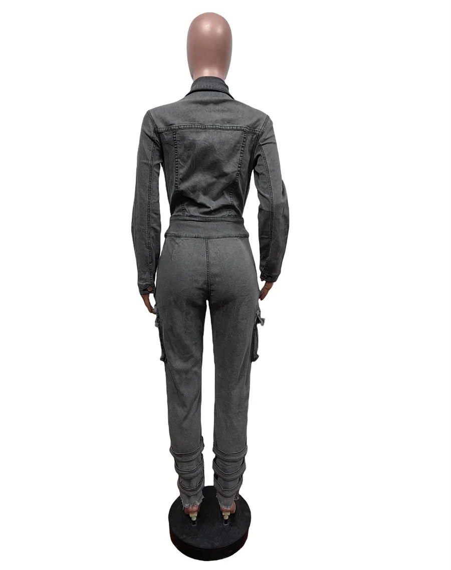 Autumn New Half Zipper Lace-up Denim Jumpsuit Women's Fashion Long Sleeve Elastic Slim Raw Trim Pocket Cargo Pants