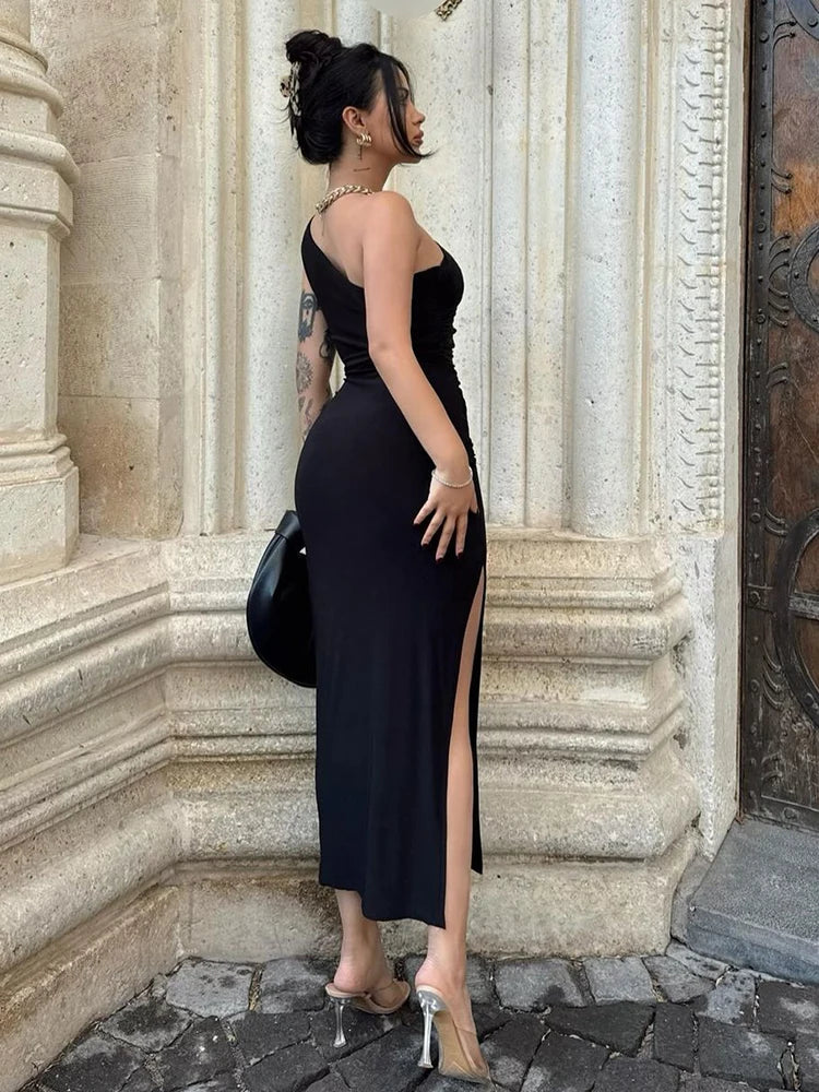 Elegant Black Maxi Dress for Women Sexy Split Sleeveless Backless Summer Fashion Off Shoulder Club Party Dress