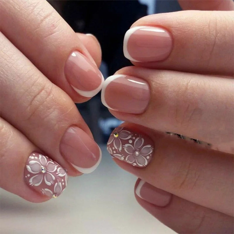 24Pcs Pink French Style Press on Nails with White Flower Print Short Square Head False Nails Simple Wearable Artificial Nails Art