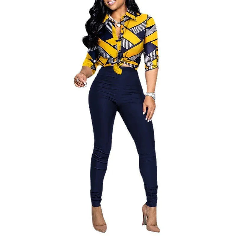 Women Fashion Print Suit Long Sleeve Turn-down Collar Shirt Mid Waist Pants New Casual Office Two Piece Set Women's Clothes