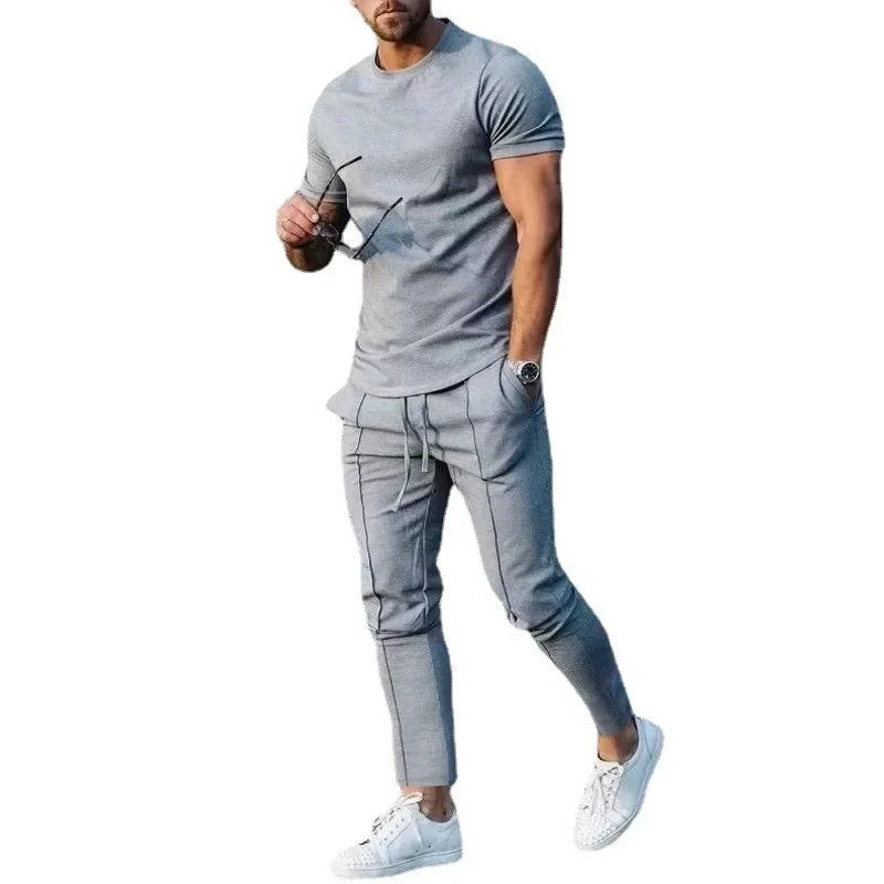 Sports Set Mens Fall/Summer Solid Casual Round Neck Short Sleeve Sports T-shirt Two Piece Set for Men