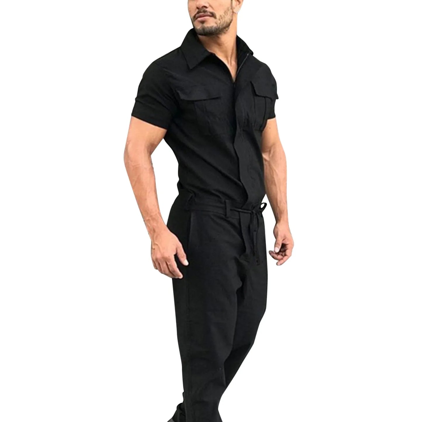 2024 New Men's Fashion Jumpsuit Solid Color Belted Cargo Pants for Leisure Fitting Clothing