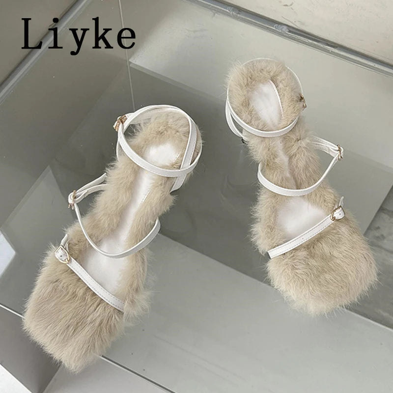 Liyke Size 35-40 Summer Party Dress Pink Sandals Women 2025 Fashion Fur Feather Thin High Heels Square Toe Buckle Strap Shoes