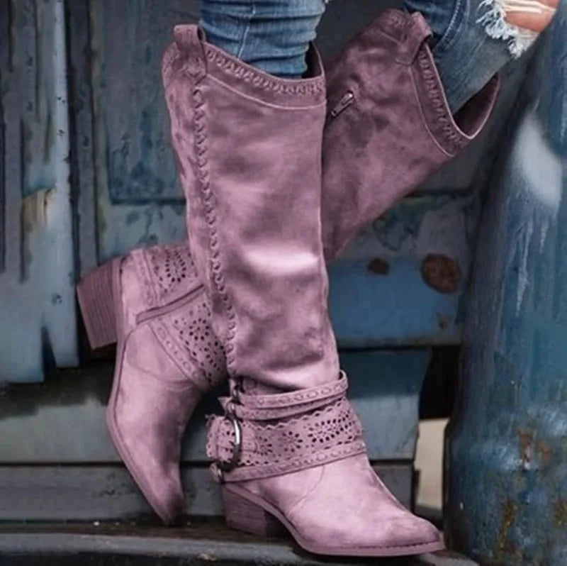 New Western Cowboy Boots Buckle Ladies Low Heel Knee High Boots Retro Hollow Out Shoes Winter Female Shoes