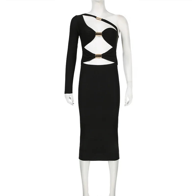Sexy Slim Fit Maxi Dress with Metal Buckles Hollow Out Split Bodycon Style for Women O-neck Sleeveless Backless Party Clubwear