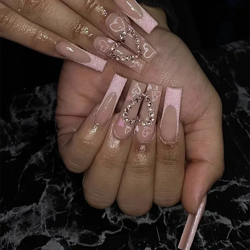 24Pcs Shimmery Long Coffin False Nails with Glue Ballerina Nail Design Sweet Fashion French Press on Acrylic Nails Manicure Tips