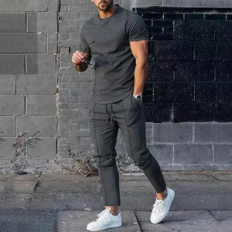 Sports Set Mens Fall/Summer Solid Casual Round Neck Short Sleeve Sports T-shirt Two Piece Set for Men