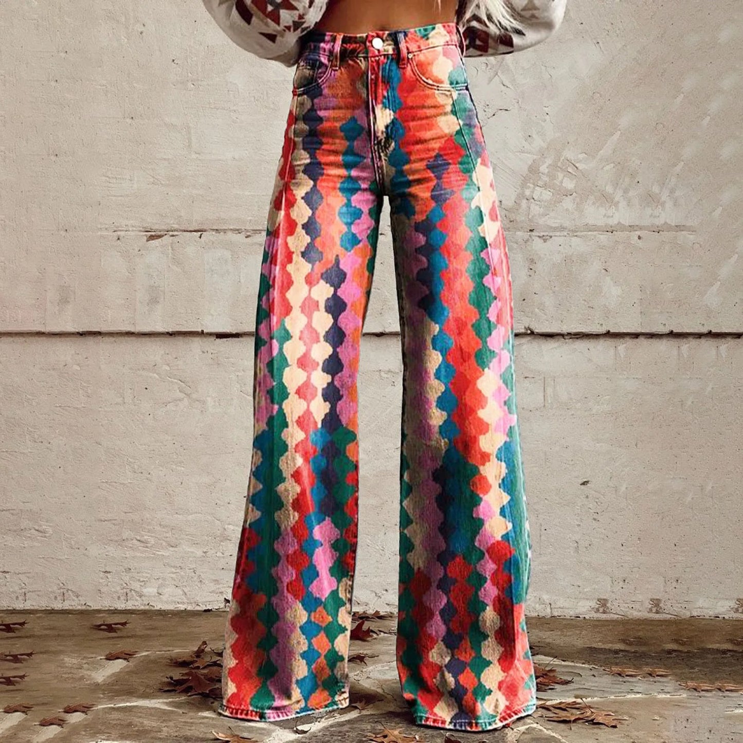Casual Vintage Wide Leg Imitation Jeans High Waisted Women's Fashion Loose Fit Denim Pants with 90s Floral Print and Pocket Button