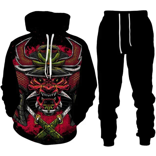 Tracksuit Sets Boys Hoodie Japan Samurai Mask Tattoo Art 3D Printed Casual Fashion Harajuku Streetwear Clothes For Boys Clothing