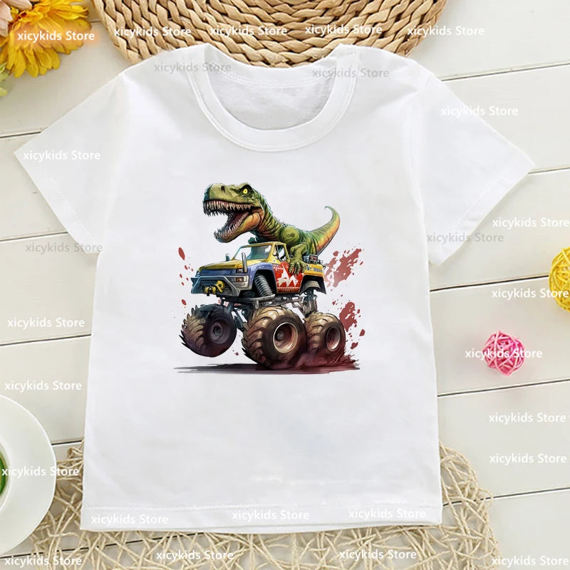 Cute Monster Truck T-Shirt for Kids Harajuku Style Dinosaur Print Suitable for Girls Boys Funny Children's Clothing