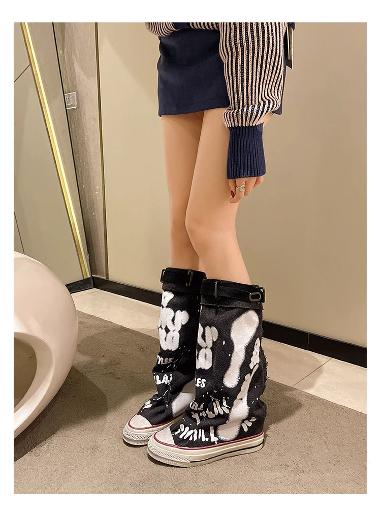 Women's Spring Graffiti High Canvas Boots Round Head Middle Follow Anti-slip Boots Women Leisure Fashion Rubber Sole Botas Mujer