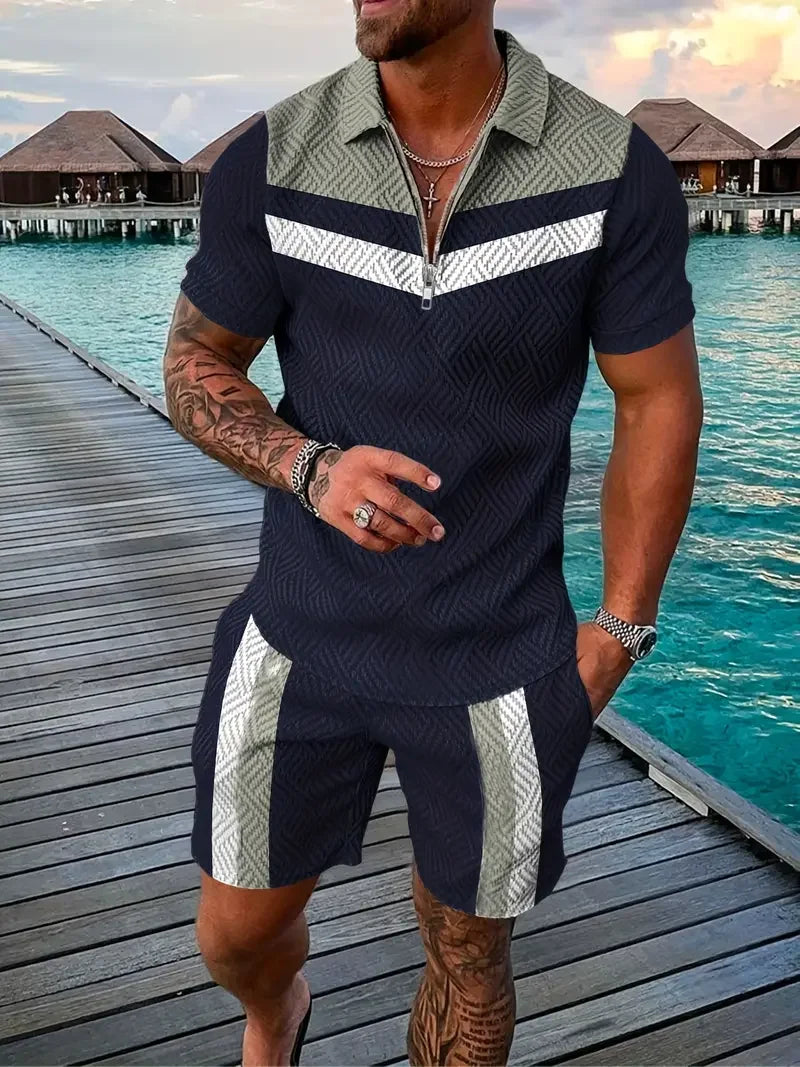 Zipper Shirt Shorts Set Summer Fashion Casual Men's Sports Set 3D Printed Simple Style Lapel Zipper Shirt 2 Sets