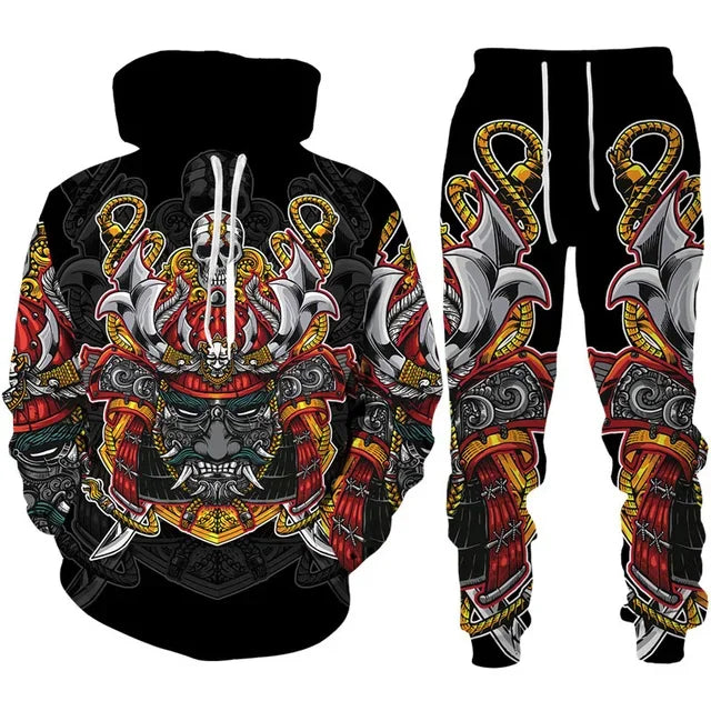 Tracksuit Sets Boys Hoodie Japan Samurai Mask Tattoo Art 3D Printed Casual Fashion Harajuku Streetwear Clothes For Boys Clothing