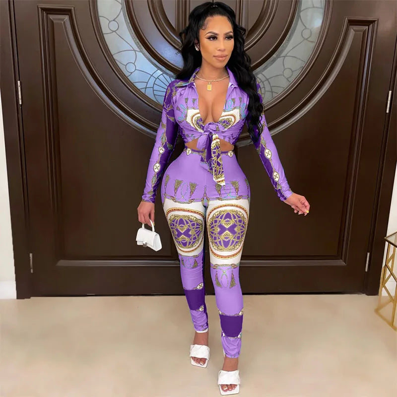 Sexy Print Two Pieces Pants Set Women Long Sleeve Navel Tie Cropped Button Shirt and Skinny Pants Matching Clubwear Outfits