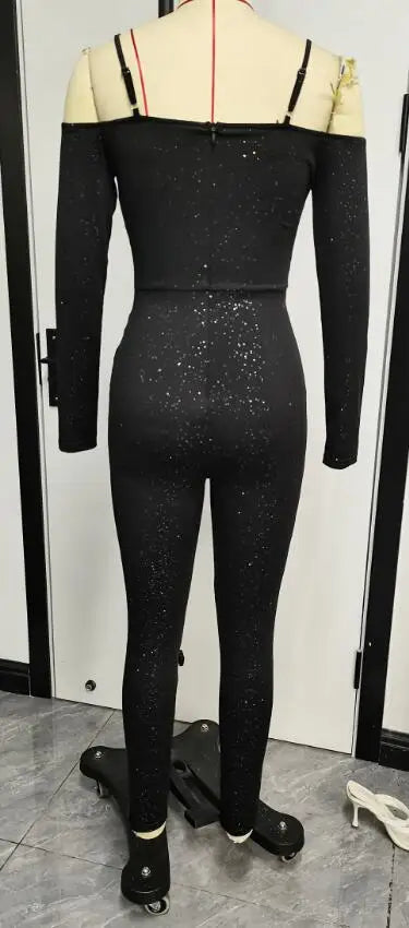 Sexy Party Night Out Jumpsuit Women Elegance Plain Glitter Cold Shoulder Long Sleeve Contrast Lace Corset Skinny Jumpsuit