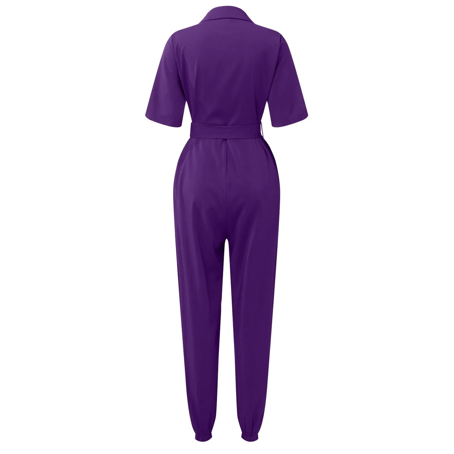 Women's Casual Lapel Lace-Up Printed Belt Short Sleeve Jumpsuit Summer Fashion Workwear Keep Short Eye Catching Junior Size