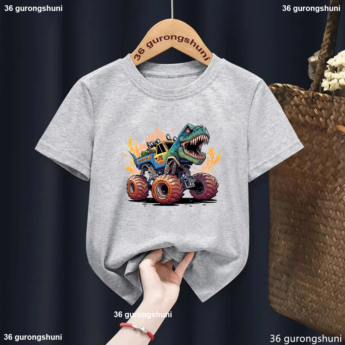 Cute Monster Truck T-Shirt for Kids Harajuku Style Dinosaur Print Suitable for Girls Boys Funny Children's Clothing