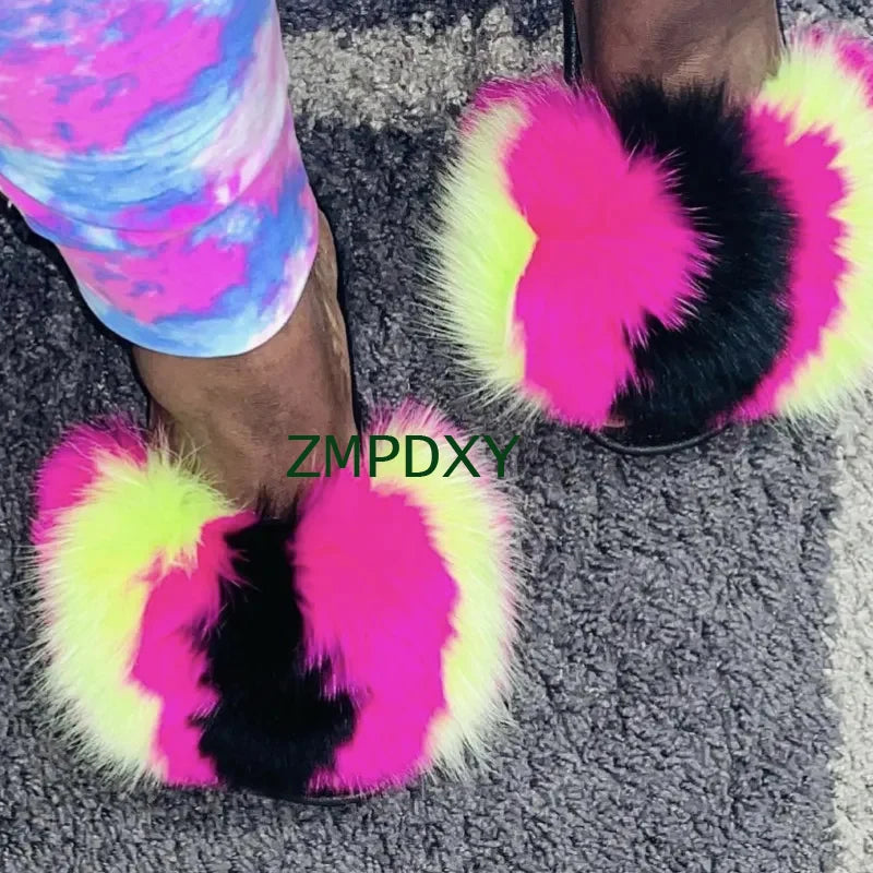 Rainbow Fur Slides Women's Furry Plush Raccoon Fox Fur Slippers Indoor Flat Non-Slip Summer Beach Flip Flops Large Size Sandals