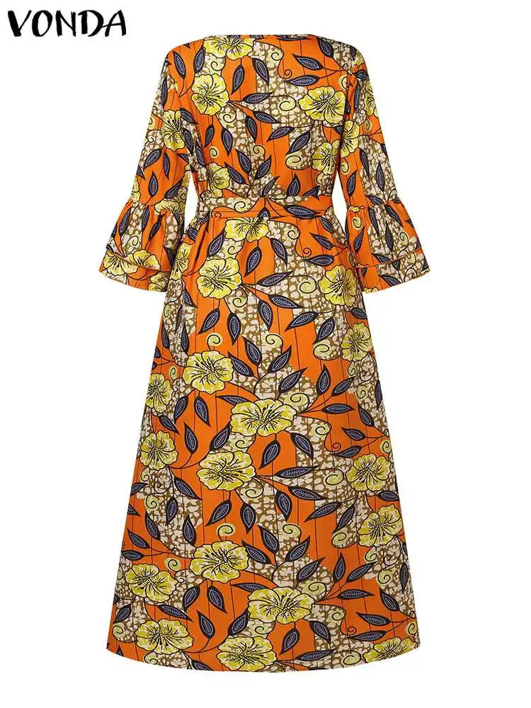 VONDA 2024 Elegant Maxi Dress Women Bohemian Floral Printed Dresses Sexy V-Neck Long Sleeve Ruffled Vestidos Casual Loose Robe