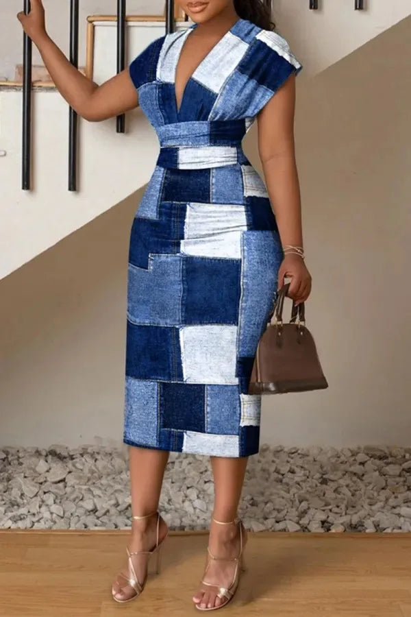 Sexy V Neck Sleeveless Dress Office Lady Spring Summer Fashion Elegant Buns Printing Dresses For Women