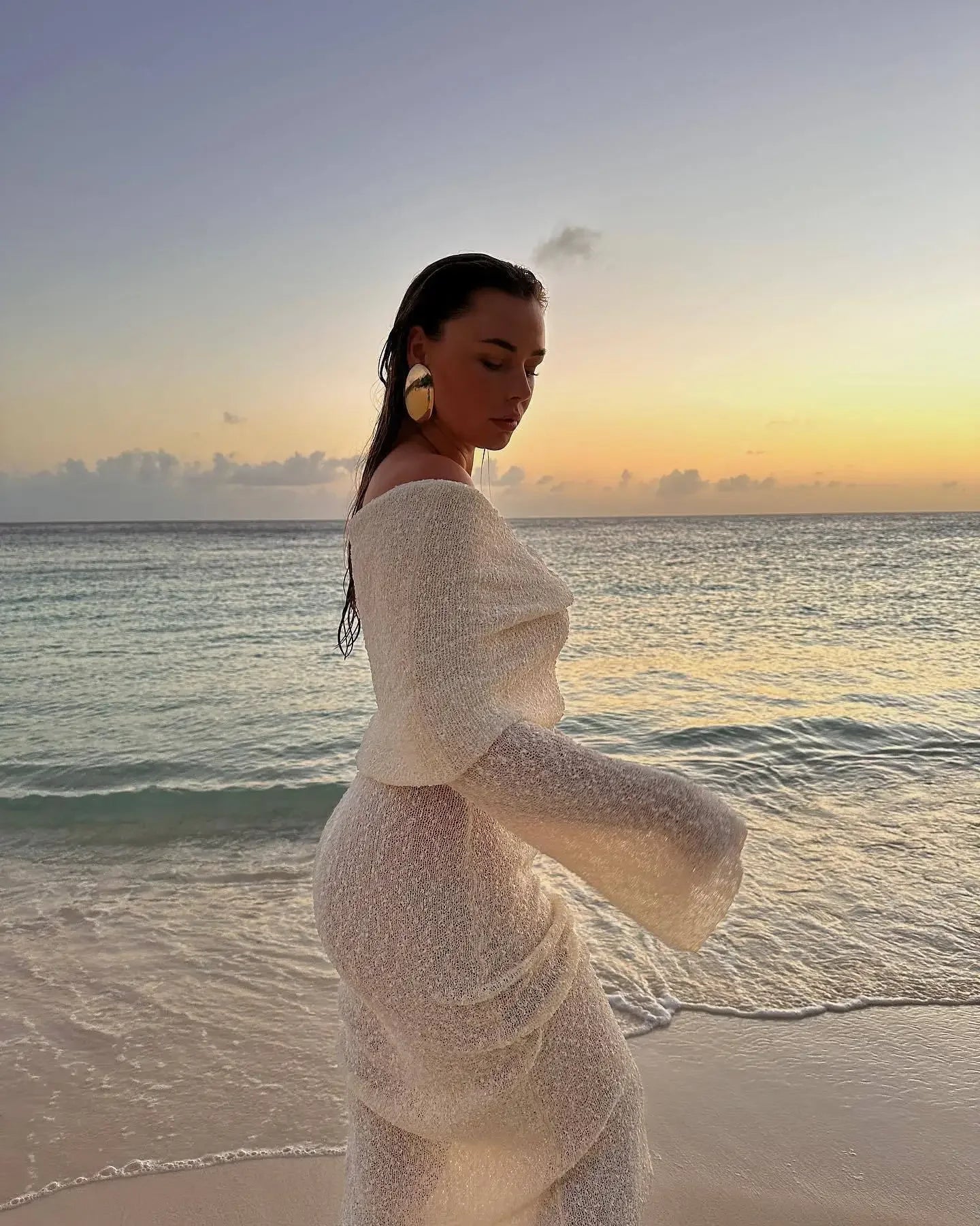 Knit Hollow Out Off-Shoulder Maxi Dress Female Cover up Loose Long Sleeve Holiday Beach Party Dress Women Knitwear Dress