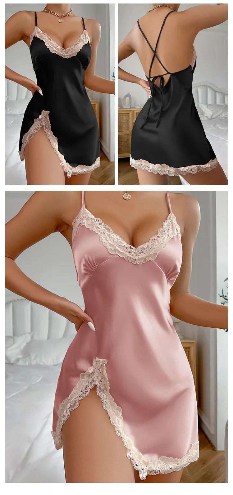 Lace Trim Leopard Nightdress V Neck Backless Side Split Slip Sleep Dress Women's Sleepwear Dresses