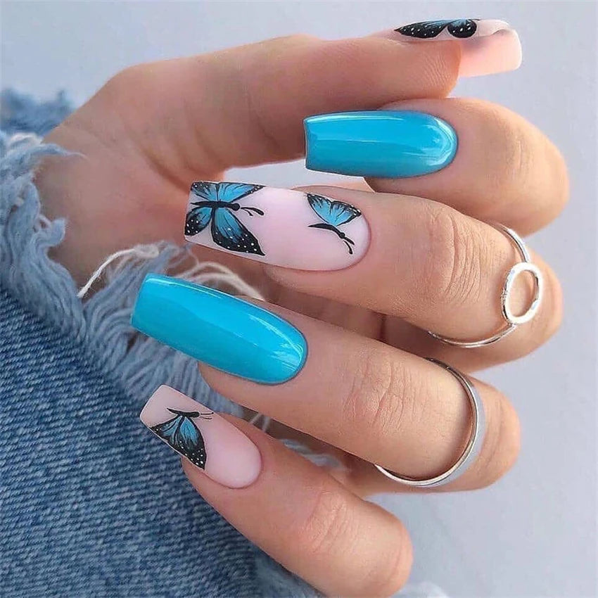 24Ps/Set Square Wearing False Nails Art Pink Matte French Fake Nails Acrylic White Press on Nails