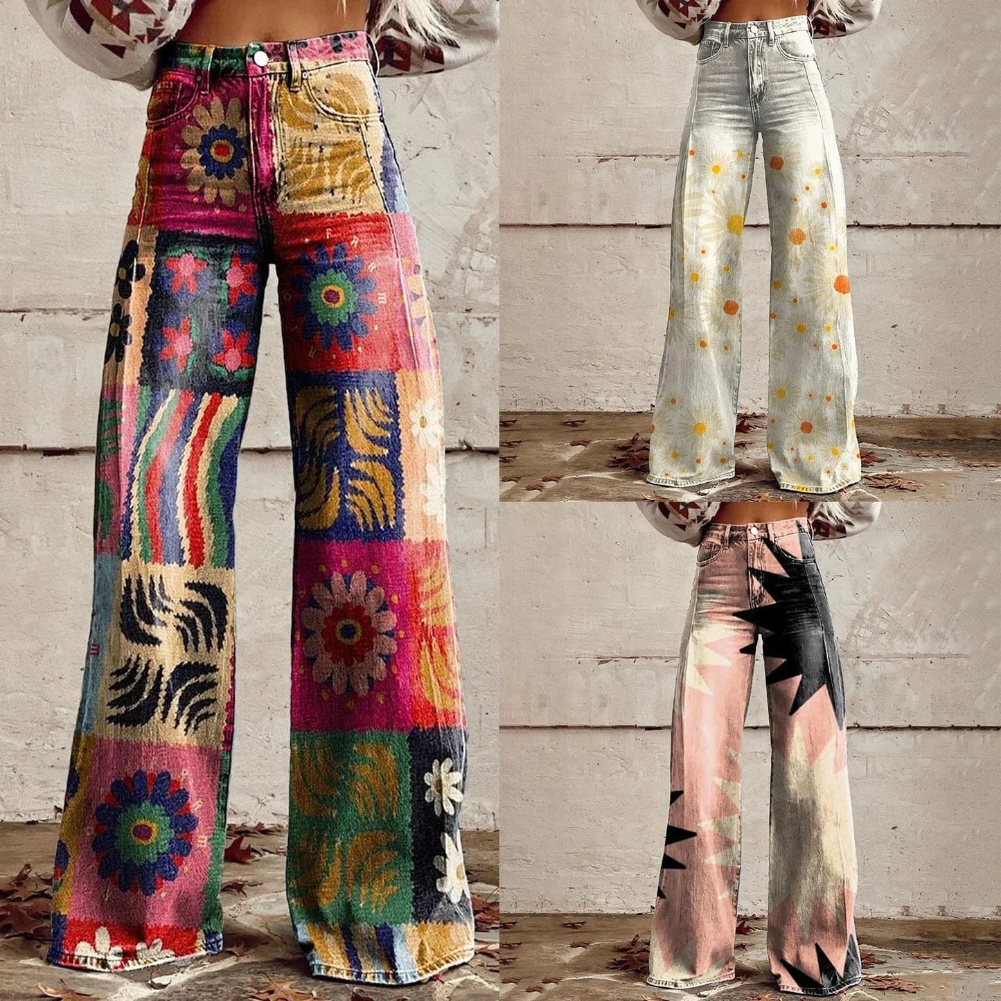 High Waisted Loose Fit Vintage Wide Leg Casual Pants for Women Fashionable 90s Floral Printed Baggy Trousers Comfortable Imitation Jeans