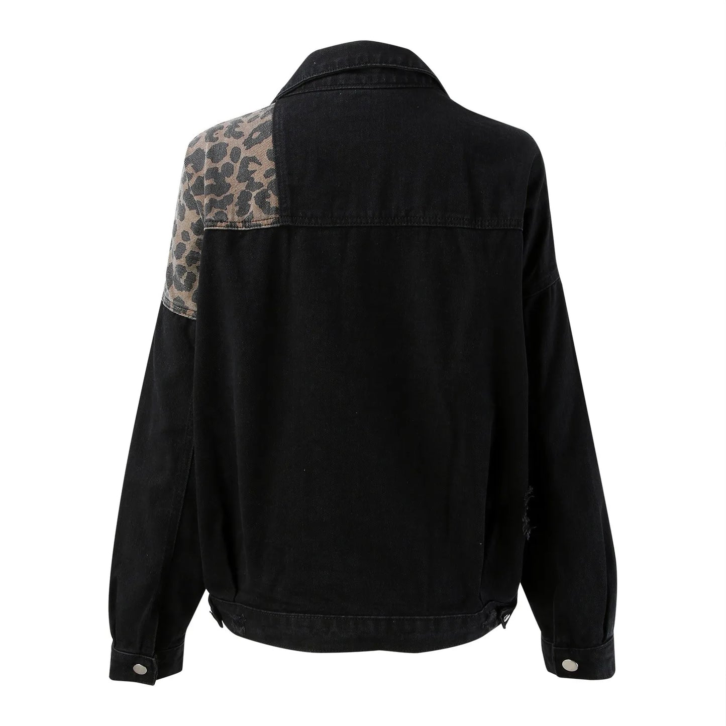 Ladies Leopard Print Patchwork Jean Jacket Temperament Long Sleeves Single Breasted Short Loose Coat Sexy Winter Outerwear