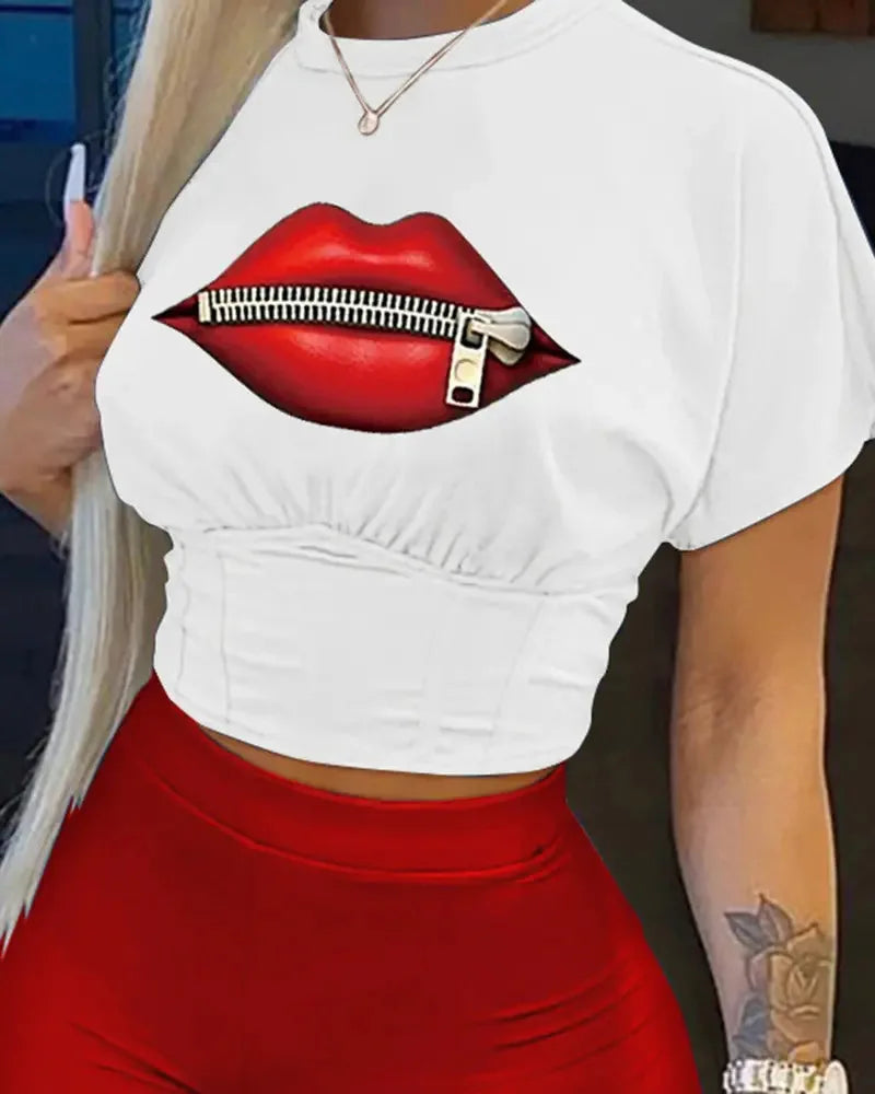Women's Summer Casual O-Neck Short Sleeve T-shirt Shorts Set Letter Print Slim Fit Office Outfit Polyester Blend Short Set
