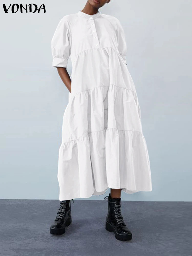 Summer Dress Vintage Lantern Sleeve Mid-Calf Dress Beach Bohemian Women Summer Sundress 2024 VONDA