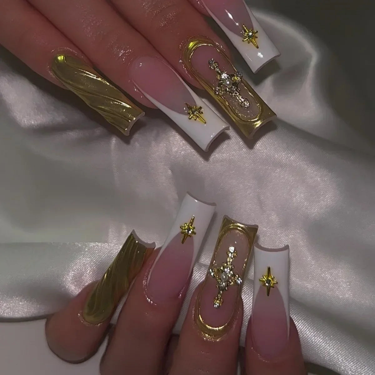 24Pcs Shimmery Long Coffin False Nails with Glue Ballerina Nail Design Sweet Fashion French Press on Acrylic Nails Manicure Tips