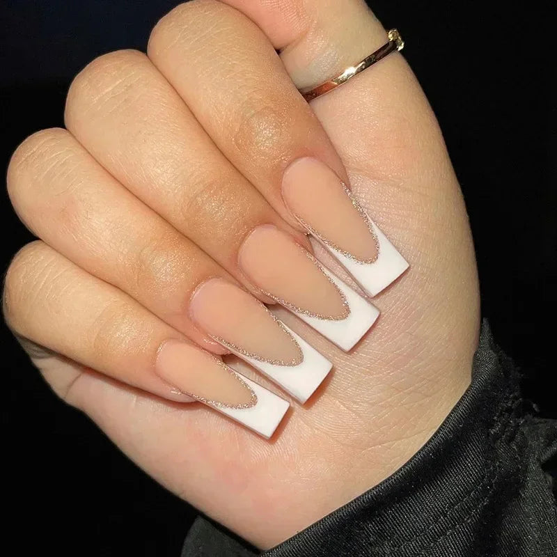 24Pcs Shimmery Long Coffin False Nails with Glue Ballerina Nail Design Sweet Fashion French Press on Acrylic Nails Manicure Tips