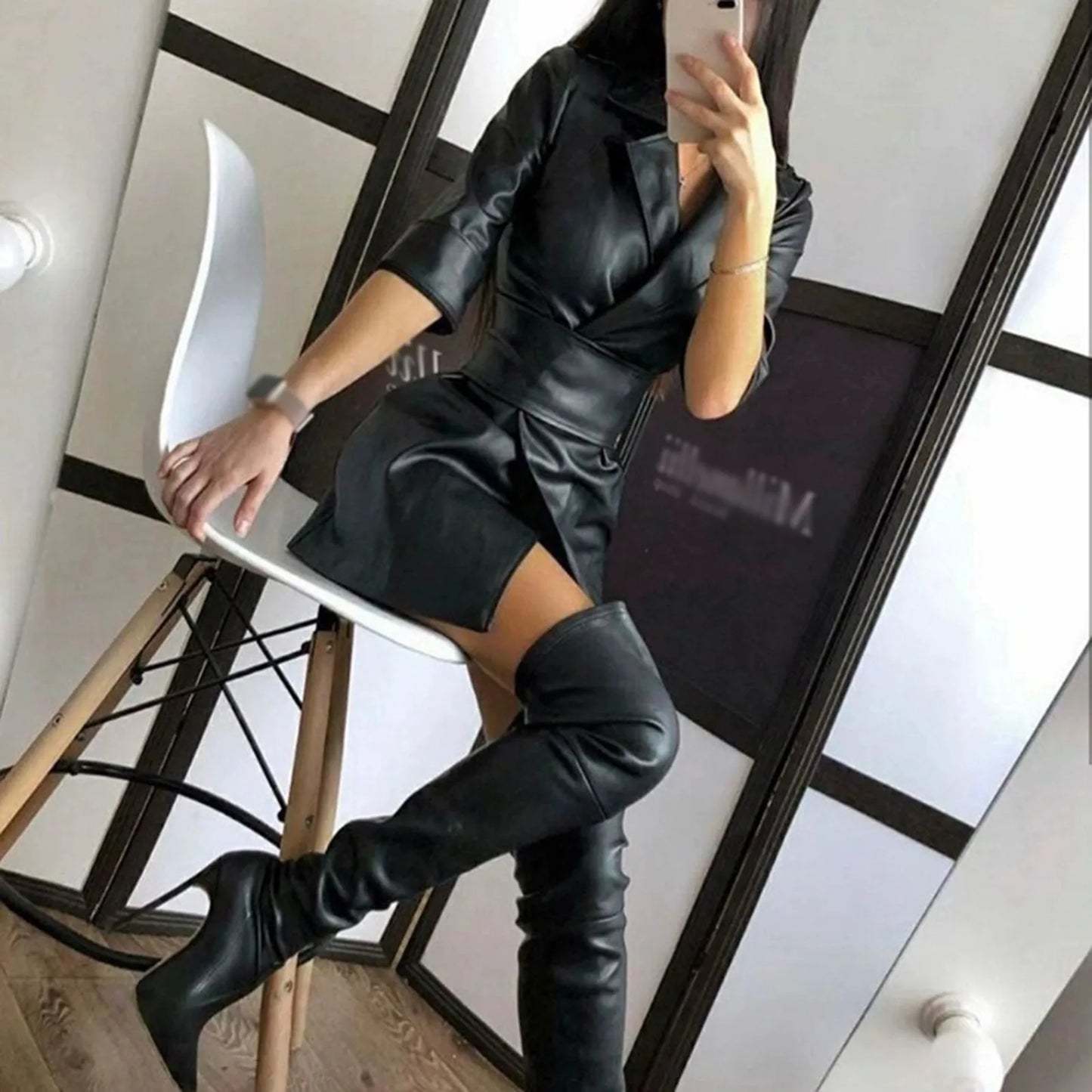 Cool Leather Coat Dress for Women Long Sleeve V Winter Jacket Pu Sexy Bodycon Leather Mini Dress Elegant Waist in Dresses