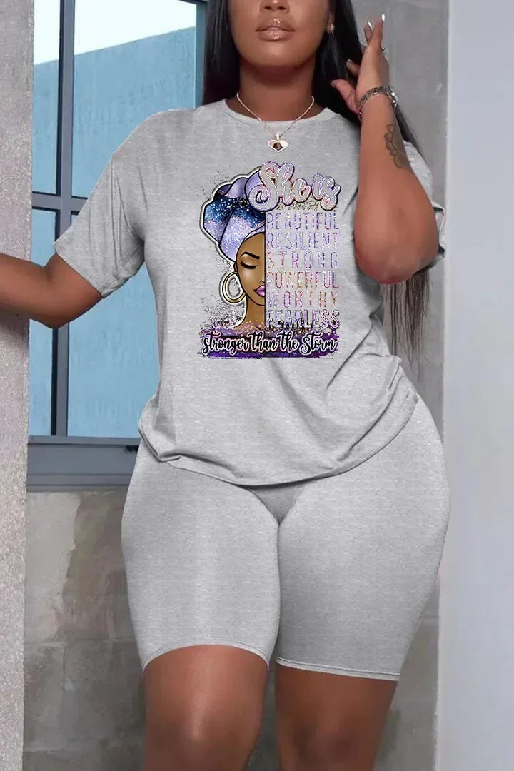Summer Women Printing Casual T-Shirt Y2k Graphics Top Shorts Set Femme Short Sleeve Two Pieces Set Lady Daily Streetwear Outfits