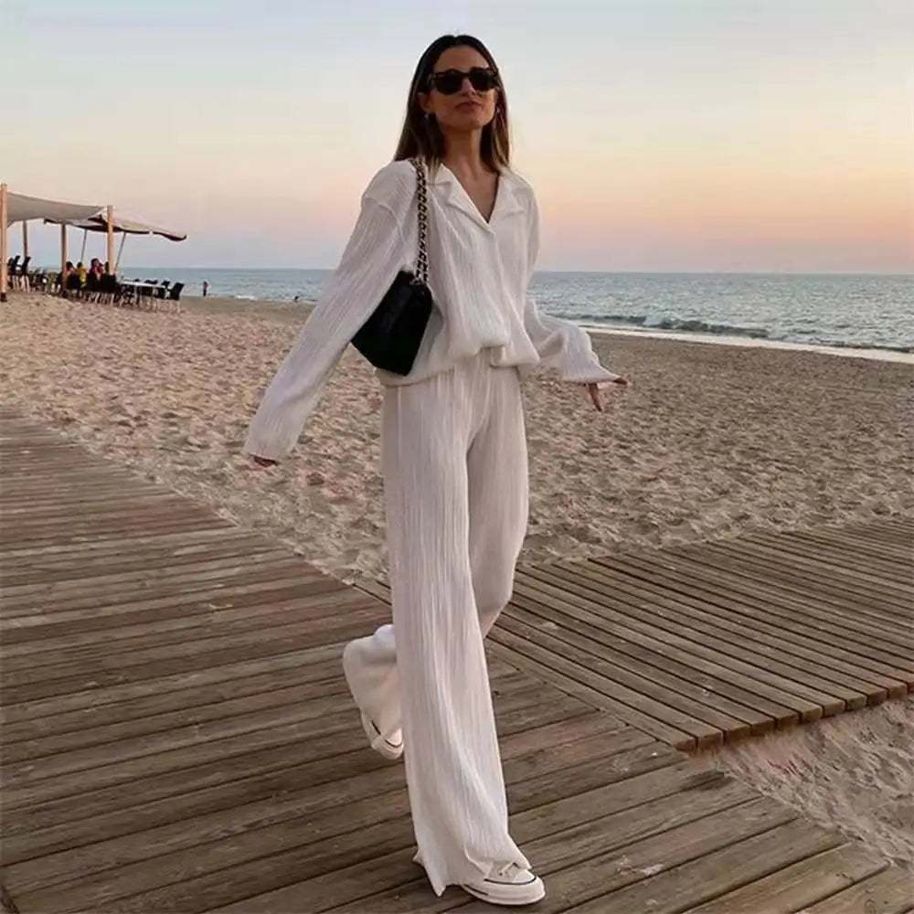 New Spring And Autumn Suit Women's Pleated Lapel Shirt Loose Casual Suit Solid Color Drape Pleated Casual Suit