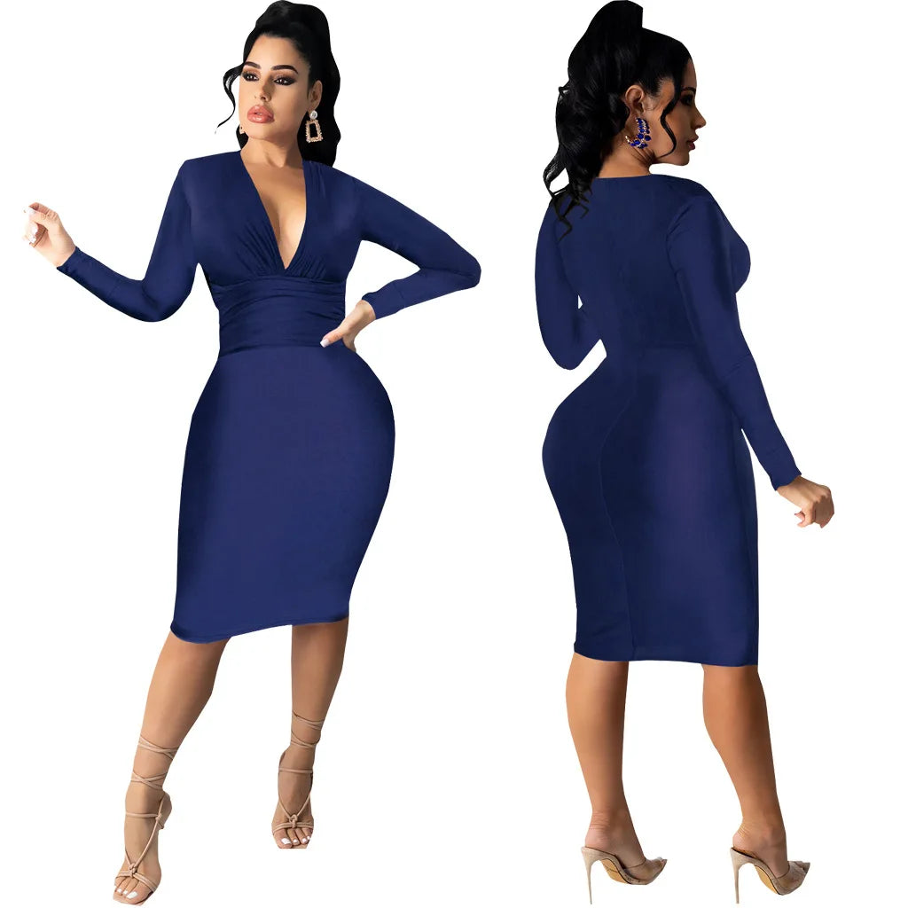 CM.YAYA Women V-neck Elegant Long Sleeve Midi Dress 2024 Winter Ruched OL Streetwear Africa Party Club Dresses Vestidos