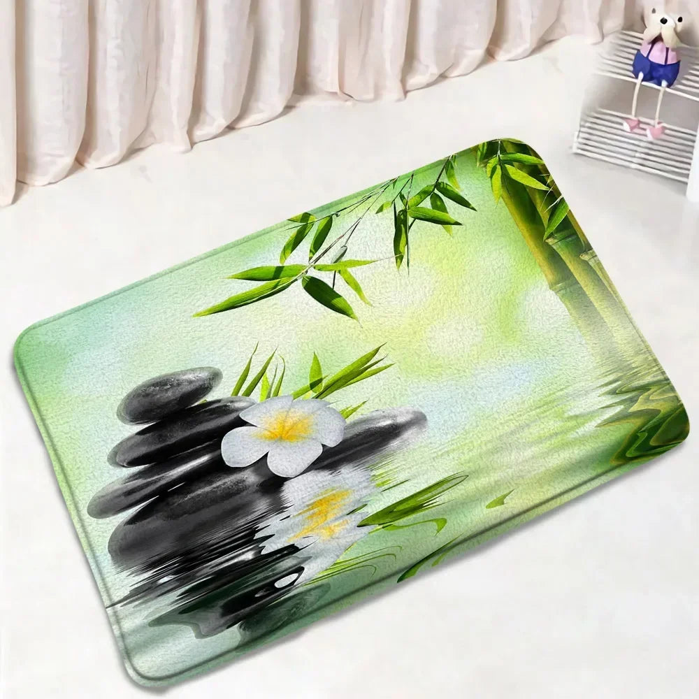 Zen Bath Mat Set Pink Lotus Orchid Grey Stone Green Bamboo Home Carpet White Bathroom Decor Flannel Floor Rugs Toilet Lid Cover