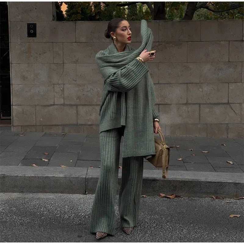 Oversize Knitted Women's Set V-Neck Full Sleeve Scarf Pullover Long Trousers Casual Loose Lady Suit for Autumn