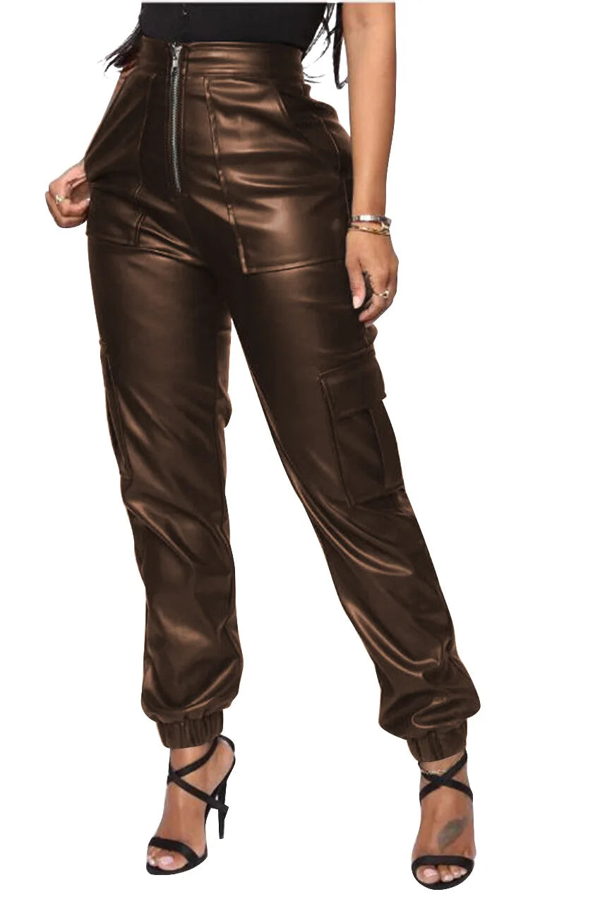 Autumn Winter Fashion Women's Trousers Faux Leather High Waisted Joggers with Zipper Multi Pocket Straight-Leg Cargo Pants