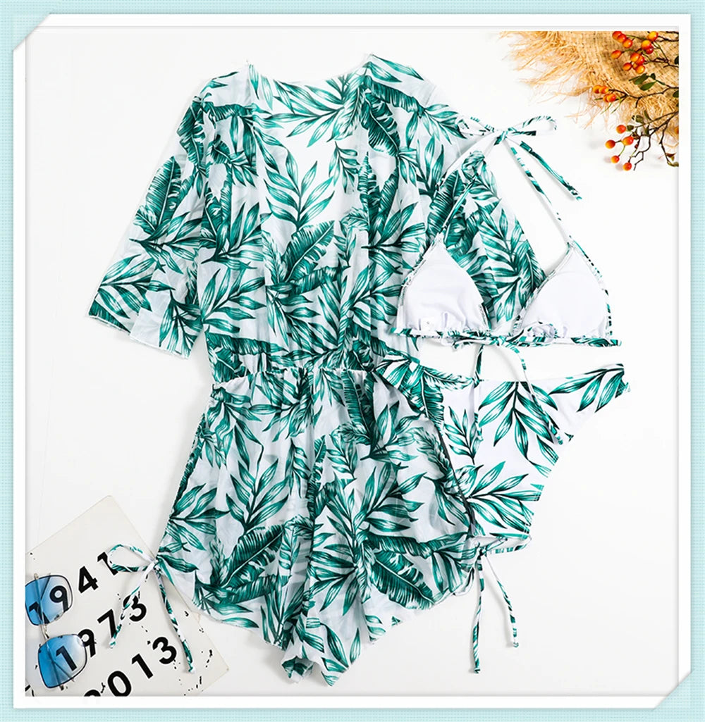 3 pieces Halter Bikini Tropical Print Swimsuit Drawstring Side Swimwear Women Long Sleeve Bathing Suit Female Swimming Beachwear