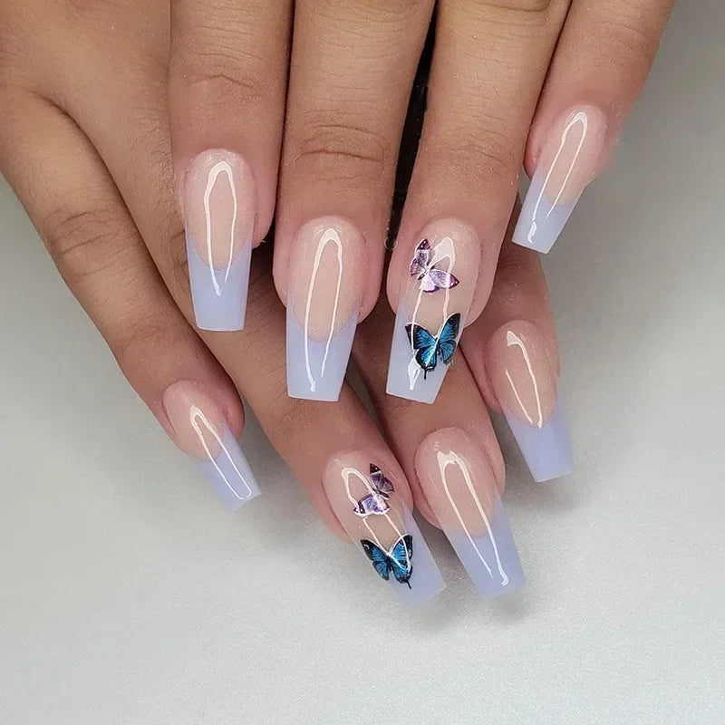 24Pcs Shimmery Long Coffin False Nails with Glue Ballerina Nail Design Sweet Fashion French Press on Acrylic Nails Manicure Tips