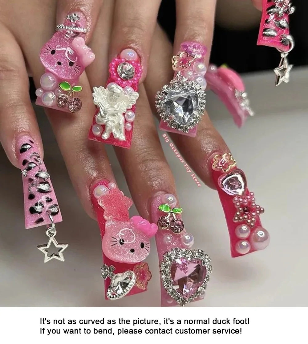 Xxl Euro-Americaen Long Square Cartoon Fake Nails Hello Kitty Mymelody Kuromi Luxury Diamond Handmade Nail Tips Party Sticker