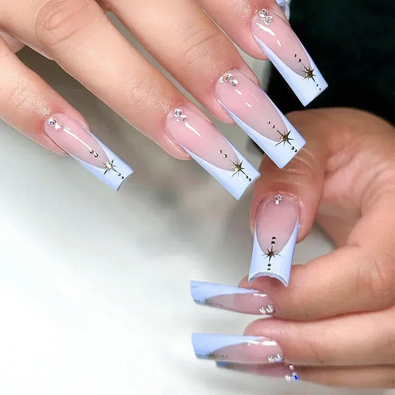 24Pcs Shimmery Long Coffin False Nails with Glue Ballerina Nail Design Sweet Fashion French Press on Acrylic Nails Manicure Tips