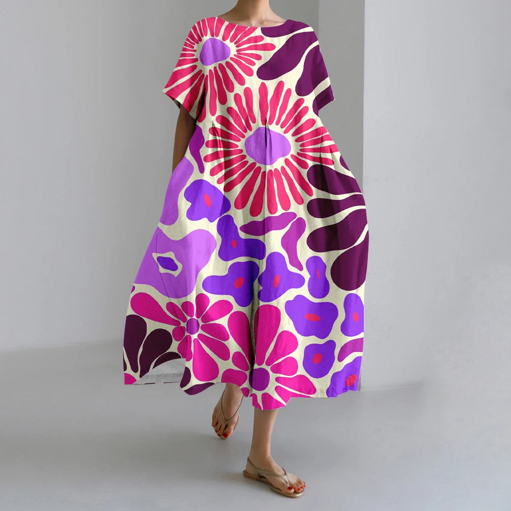 New Summer Womens Dresses Exquisite Elegant Round Neck Short Sleeve Long Pink Spotted Irregular Printed Comfortable Midi Dresses