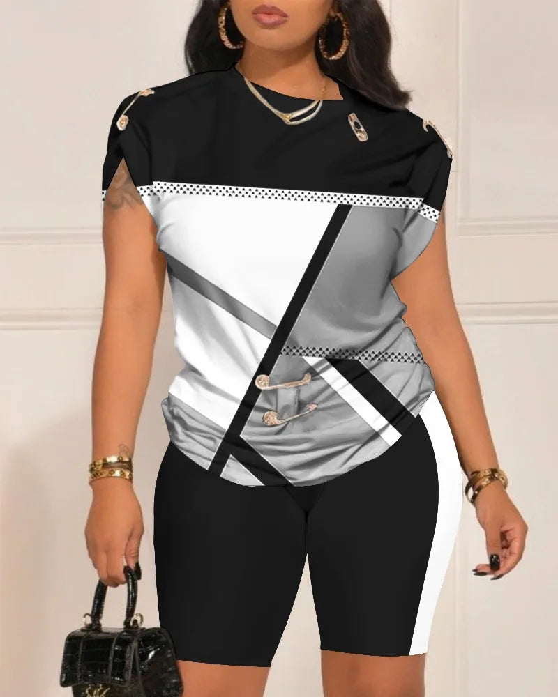 Casual Short Sleeve Tshirt Shorts Set Office Lady Spring Summer Fashion O-neck Letter Print Two Piece Set Women Outfit 2023