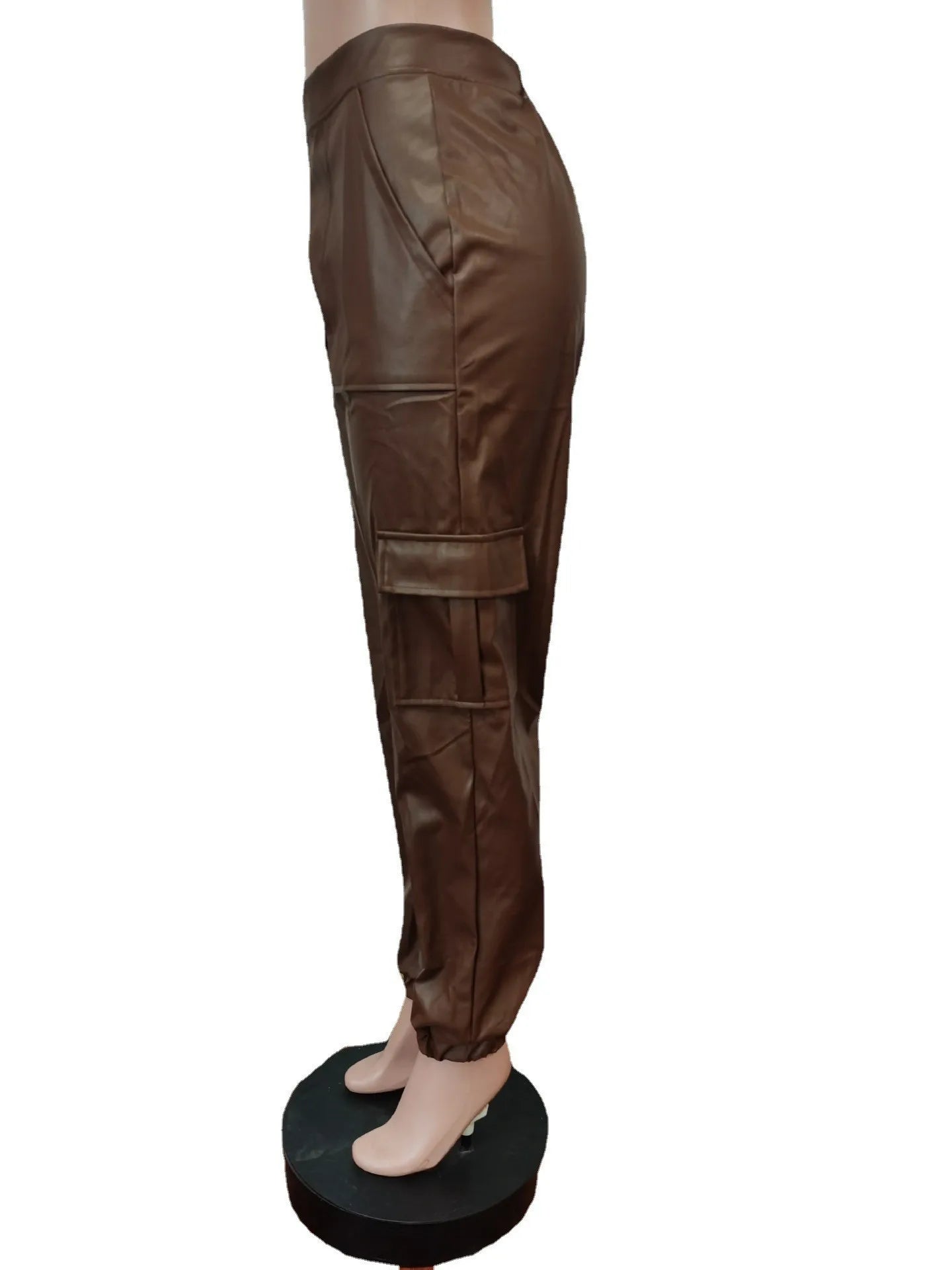 Autumn Winter Fashion Women's Trousers Faux Leather High Waisted Joggers with Zipper Multi Pocket Straight-Leg Cargo Pants