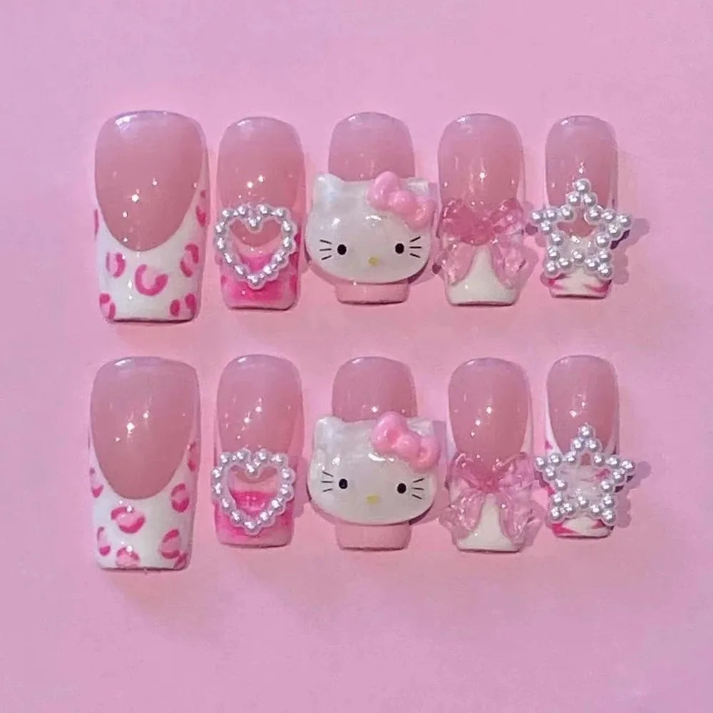 Xxl Euro-Americaen Long Square Cartoon Fake Nails Hello Kitty Mymelody Kuromi Luxury Diamond Handmade Nail Tips Party Sticker
