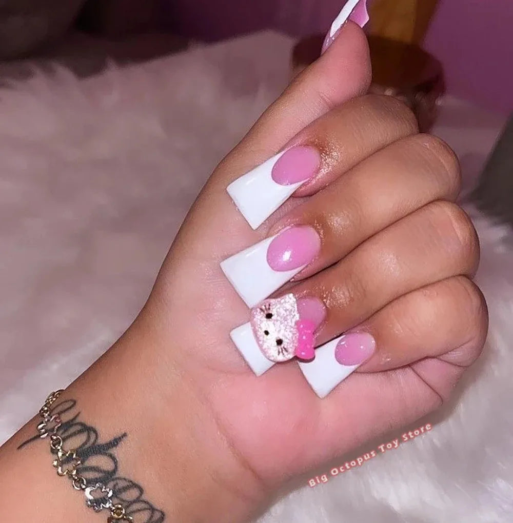 Xxl Euro-Americaen Long Square Cartoon Fake Nails Hello Kitty Mymelody Kuromi Luxury Diamond Handmade Nail Tips Party Sticker