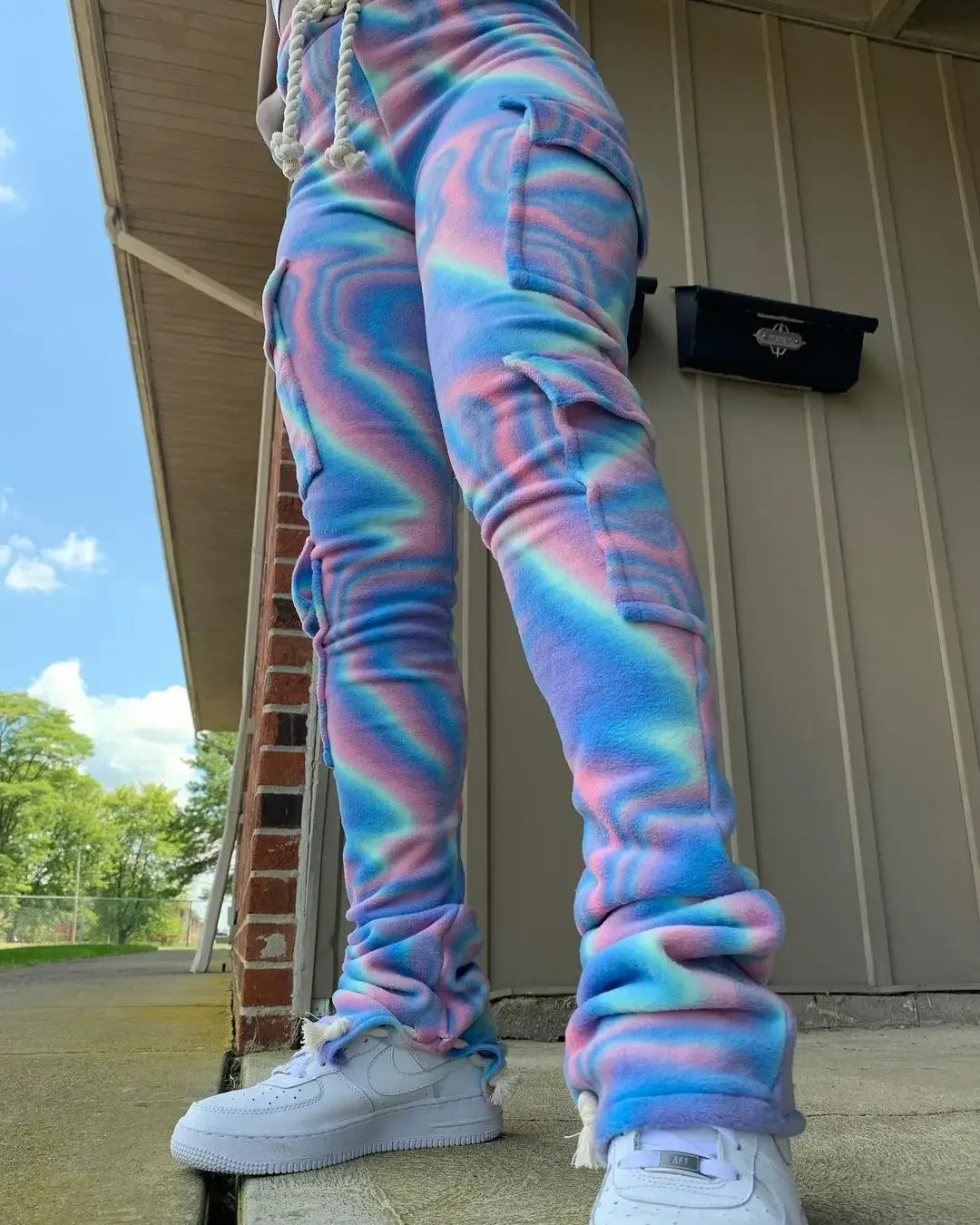 Strecth Cargo Pants for Women Streetwear Mid Waist Multi Pockets Drawstring Trousers Vintage 2024 Autumn Printing Sweatpants